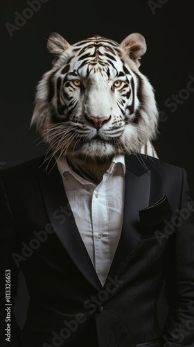 In a manipulated studio portrait, a white tiger elegantly wears a suit 🐅🎩 A captivating blend of artistry and nature's beauty. photo