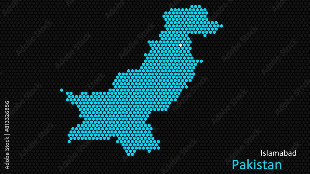 A map of Pakistan, with a dark background and the country's outline in the shape of a colored hexagon, centered around the capital. A simple sketch of the country
