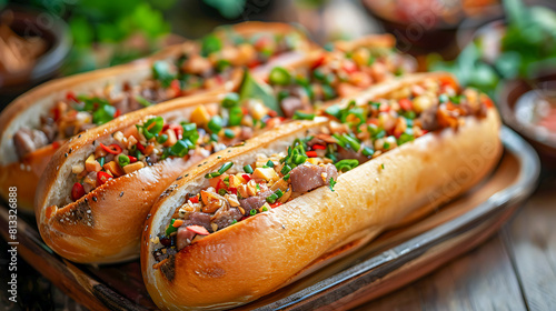 Gourmet loaded hot dogs on a wooden table