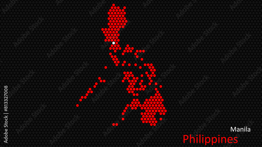 A map of Philippines, with a dark background and the country's outline in the shape of a colored hexagon, centered around the capital. A simple sketch of the country