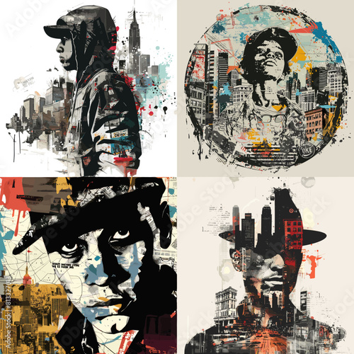 Urban street art portraits with grunge textures, cityscapes, and expressive faces. Perfect for hip hop culture, graffiti design, album covers, and modern inner-city artwork.