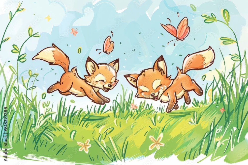 Cartoon cute doodles of a pair of fox kits frolicking in a meadow, chasing butterflies and tumbling in the grass with boundless energy, Generative AI