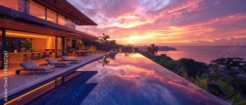 Luxurious house and pool under a fiery sunset, blending modern design with natural beauty