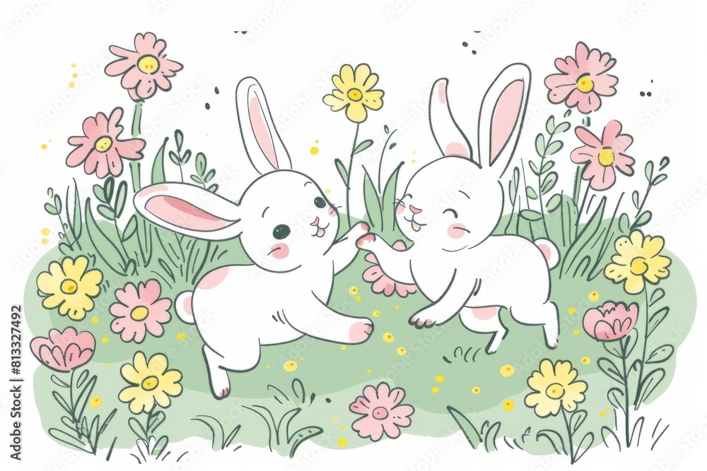 Cartoon cute doodles of a pair of rabbits hopping through a field of flowers, chasing each other in circles and twitching their noses in, Generative AI Cartoon cute doodles of a pair of rabbits hopping through a field of flowers, chasing each other in circles and twitching their noses in, Generative AI