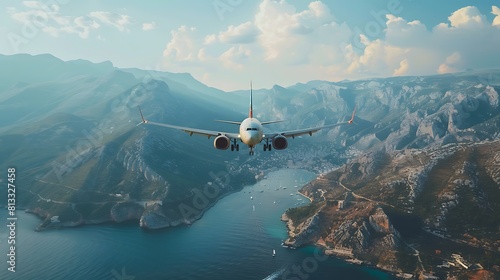 Airplane taking off from airport - Passenger airplane is flying over amazing mountains and sea - Travel by air transport