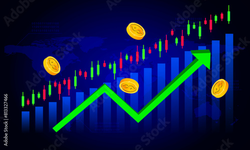 green arrow up with coins and candlestick chart Stock Market Finance Technology vector illustration