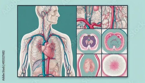 A close up of a human body with the heart and blood vessels clearly visible. Scene is informative and educational