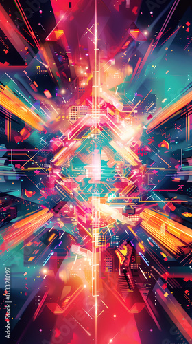 Futuristic Neon Geometric Explosion: A Digital Art Illustration inspired by Video Gaming Aesthetics © Pearl