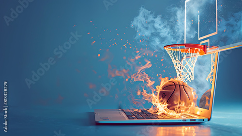 Basketball and hoop with fireflame coming out with laptop. Online gaming vs. physical sports photo