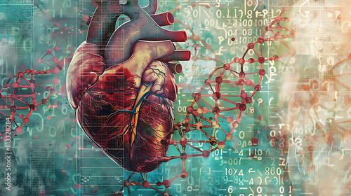 3d human heart anatomy with DNA gene helix photo
