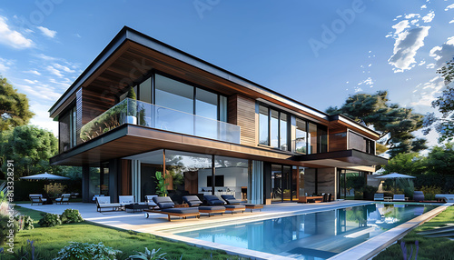 a modern house with a swimming pool surrounded by lush green trees and a blue sky, featuring large glass windows and a white chair for relaxation