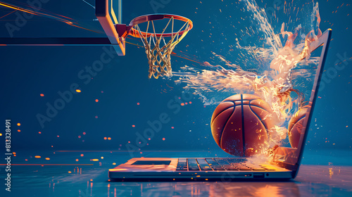 Basketball and hoop with fireflame coming out with laptop. Online gaming vs. physical sports photo