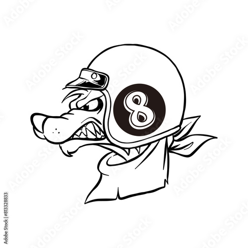 cartoon illustration of a wolf wearing a helmet in black and white © Ibnu