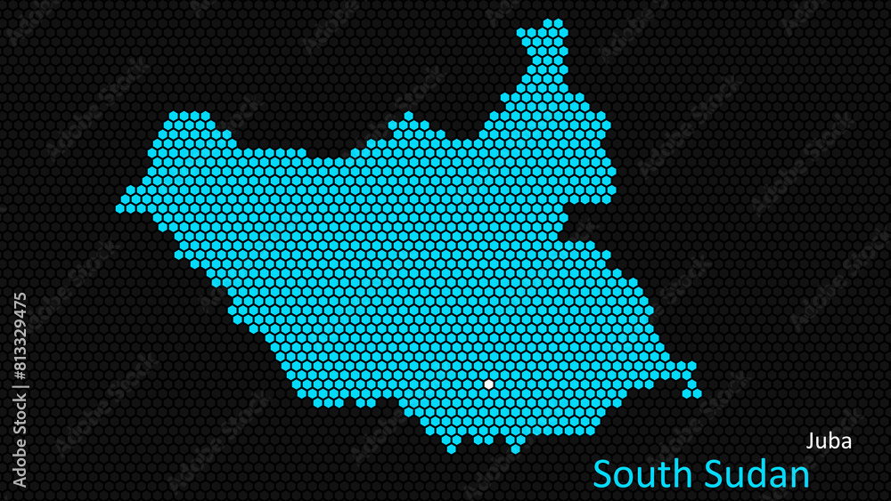 A map of South Sudan, with a dark background and the country's outline in the shape of a colored hexagon, centered around the capital. A simple sketch of the country