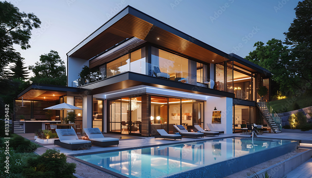 a modern house with a pool surrounded by lush greenery, featuring a large window, blue and white chairs, and a white umbrella, set against a clear blue sky