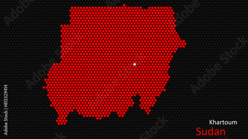 A map of Sudan  with a dark background and the country s outline in the shape of a colored hexagon  centered around the capital. A simple sketch of the country