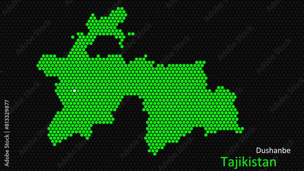 A map of Tajikistan, with a dark background and the country's outline in the shape of a colored hexagon, centered around the capital. A simple sketch of the country A map of Tajikistan, with a dark background and the country's outline in the shape of a colored hexagon, centered around the capital. A simple sketch of the country