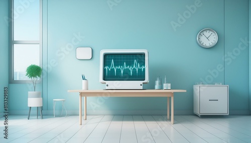 清潔感のある診察室のデスクに置かれたモニターに映る心電図イメージ photo