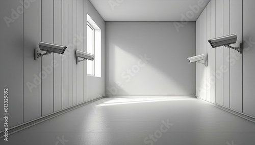 無機質な白い部屋に設置されている複数の防犯カメラ photo
