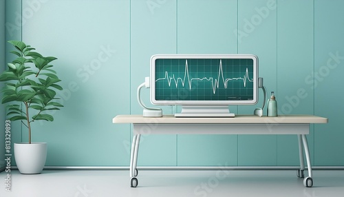清潔感のある診察室のデスクに置かれたモニターに映る心電図イメージ photo