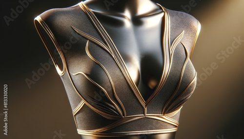A woman's torso is shown in a gold and black outfit