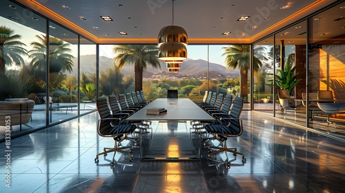 A modern glass-walled conference room with black leather chairs, a white conference table, and gold pendant lights hanging from the ceiling, creating an atmosphere of elegance and productivity photo