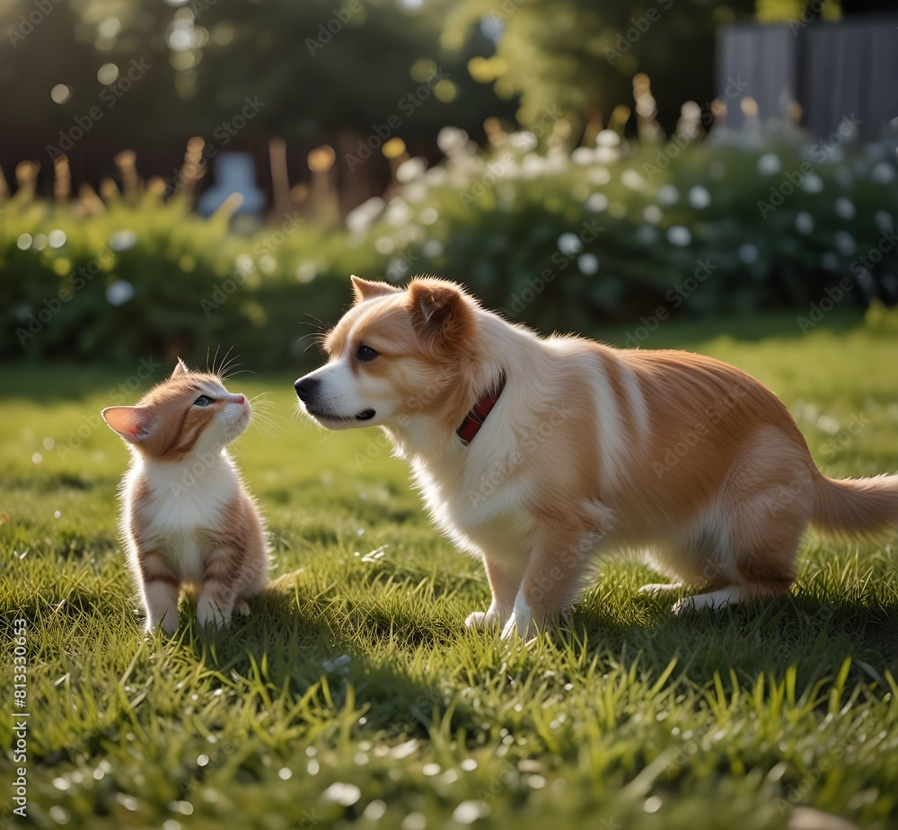 A cute couple of furry friends little cat and a mischievous little dog, are playing together in the garden on a beautiful sunny day, Friendship of pet .
A cute couple of furry friends little cat and a mischievous little dog, are playing together in the garden on a beautiful sunny day, Friendship of pet .