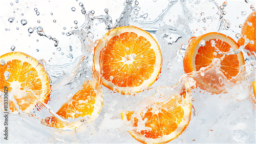 white background with beautiful slices of orange fruits treated mixed with orange lief and splashes of water photo