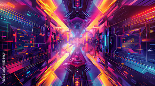 Futuristic Neon Geometric Explosion: A Digital Art Illustration inspired by Video Gaming Aesthetics photo