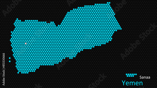 A map of Yemen, with a dark background and the country's outline in the shape of a colored hexagon, centered around the capital. A simple sketch of the country