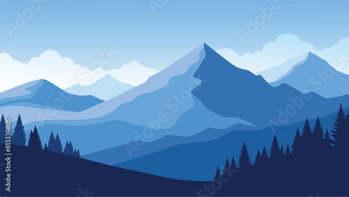 Panorama of the foggy winter landscape in the mountains. Beauty of nature  flat vector illustration colorful background.