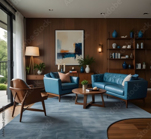 Wallpaper Mural Mid-century style home interior design of modern living room. White sofa and blue leather chairs near wooden coffee table. Torontodigital.ca