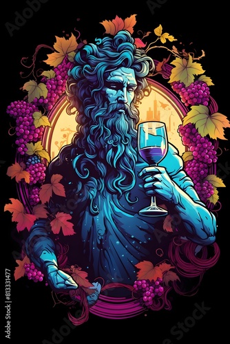 Dionysus God of Wine and Revelry Portrayed in Streetwear with Grapes and Vines on Black Synthwave Background