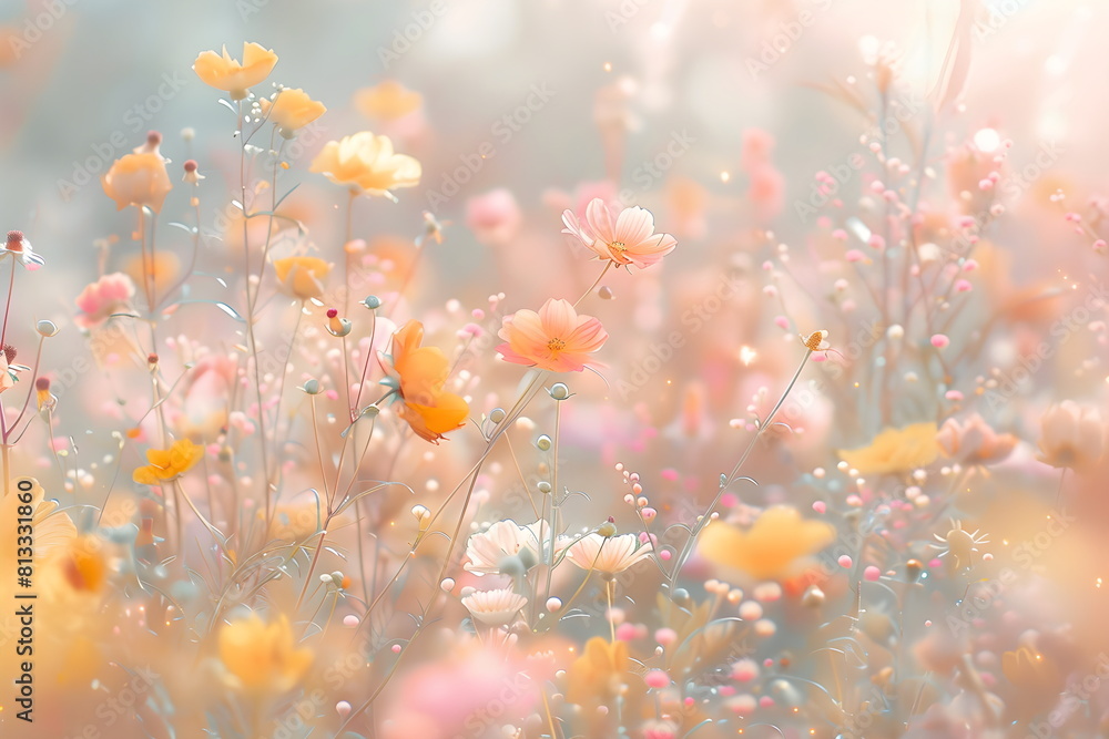 Fototapeta premium A beautiful meadow field with delicate grasses in neutral colors. Banner with blurred background and sun rays. Gramma. Pastoral landscapes. Boho landscape in summer or spring