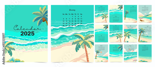 2025 table calendar week start on Sunday with beach that use for vertical digital and printable A4 A5 size © piixypeach