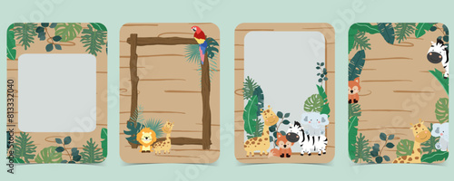 safari banner with giraffe,elephant,zebra,fox and leaf frame.vector illustration for a4 design