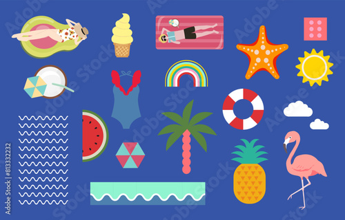 summer object with watermelon,pineapple,sun,beach.illustration vector for postcard. © piixypeach