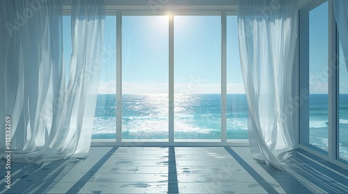 Outside the window is a room with the sea