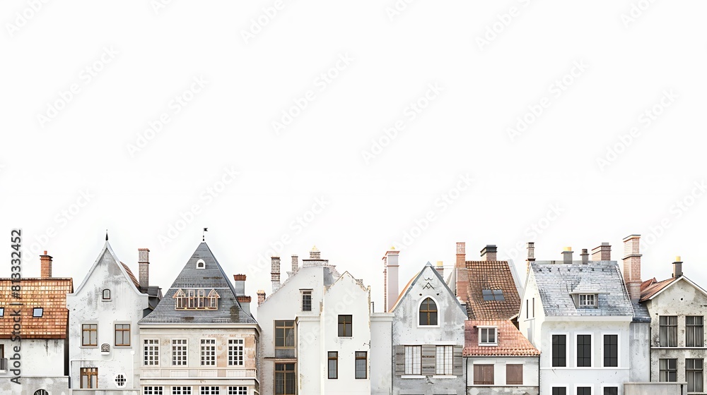 Assorted rooftop designs showcased against a pristine white background, each displaying its unique architectural style.