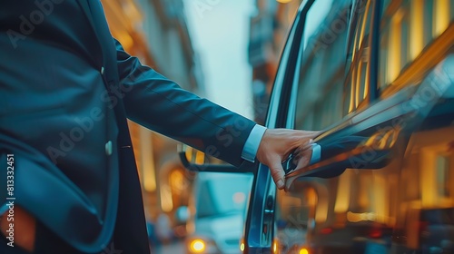 Businessman, hands and chauffeur by car door for travel accommodation, designated driver or commute, Hand of male person on vehicle handle in professional transport service, business class or pick up photo