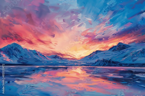 The vastness of a melting glacier under a colorful sky in a dreamy impressionistic style Show the serenity and drama of climate change through soft brush strokes and vibran