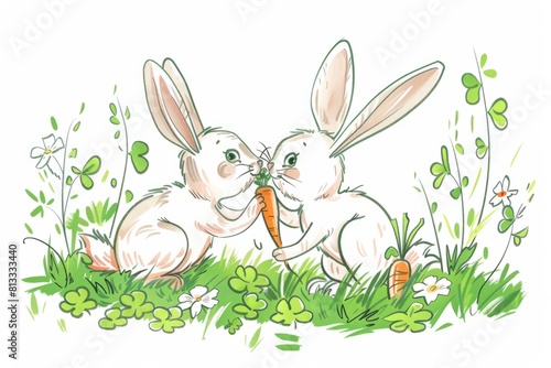 Cartoon cute doodles of two bunnies hopping through a field of clover, nibbling on carrots and nudging each other affectionately, Generative AI
