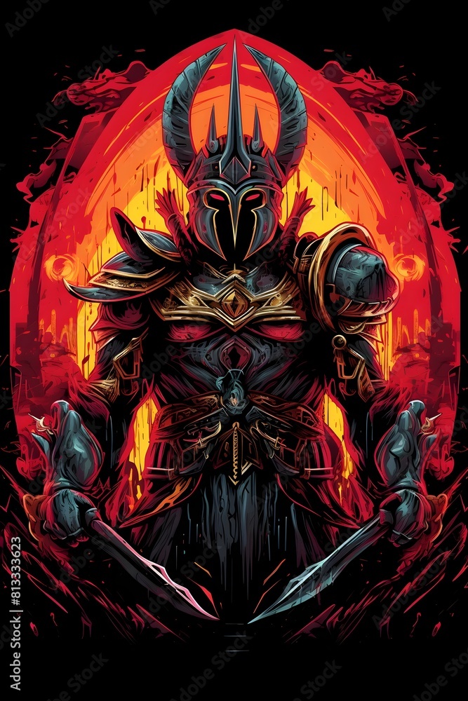 Fierce Warrior Deity in Streetwear Ensemble with Swords and Shields on Vivid Background Fierce Warrior Deity in Streetwear Ensemble with Swords and Shields on Vivid Background