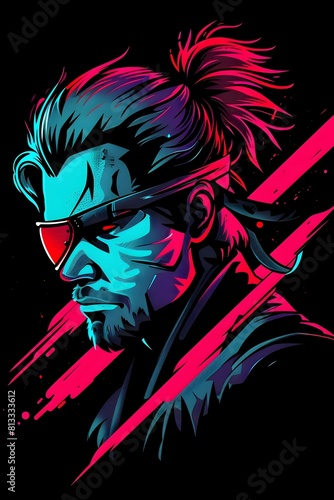 Fierce Warrior Esports Character Portrait with Vibrant Synthwave Aesthetic
