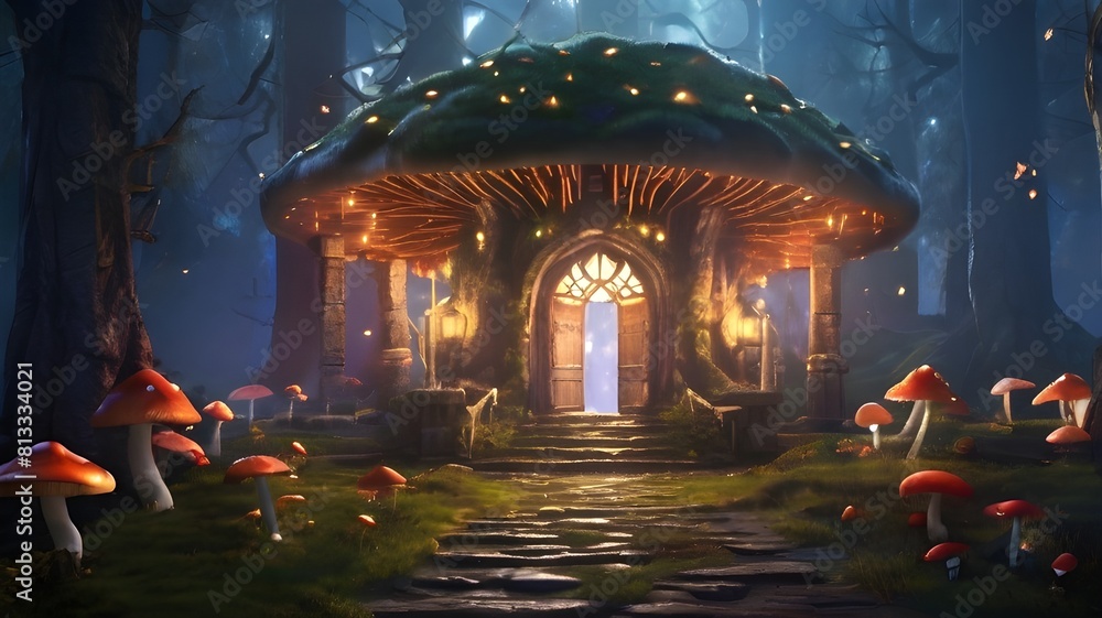 A magical school hidden in a forest, with towering trees and glowing mushrooms leading the way to the entrance.