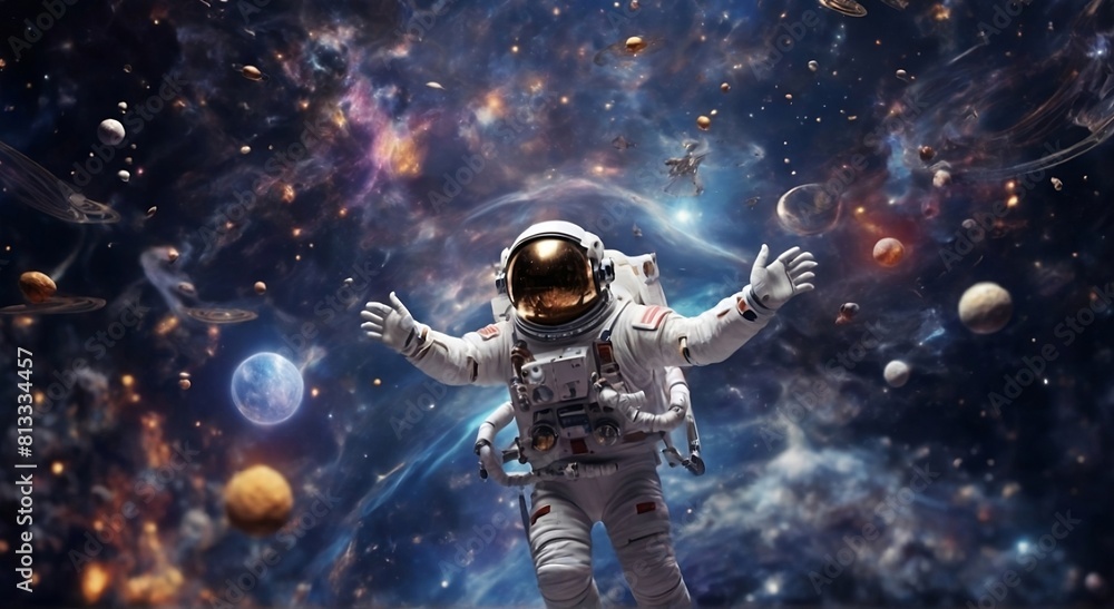In a euphoric moment, the astronaut's soul dances amidst the stars as they make their inaugural touchdown in outer space. Illustration of a space traveler In a euphoric moment, the astronaut's soul dances amidst the stars as they make their inaugural touchdown in outer space. Illustration of a space traveler