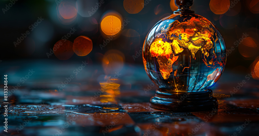 A globe in a glass bottle with lights on it. A globe in a glass bottle with lights on it.