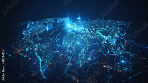 "Digital world map, Africa and Asia, idea of worldwide network and connections, fast data transfer and cyber tech, business exchange, info and telecom"