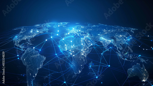 "Digital world map, Africa and Asia, idea of worldwide network and connections, fast data transfer and cyber tech, business exchange, info and telecom"