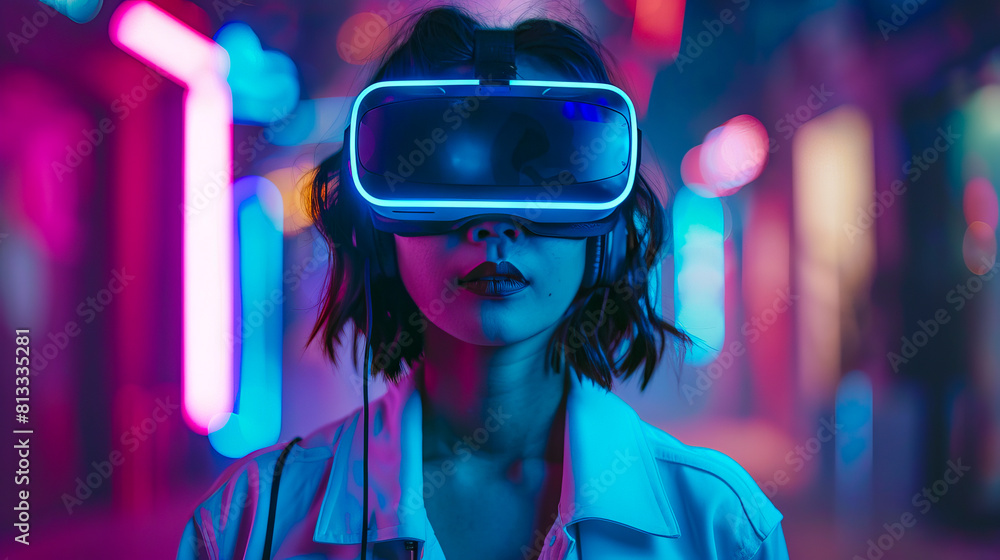 A woman wearing a virtual reality headset. A woman wearing a virtual reality headset.